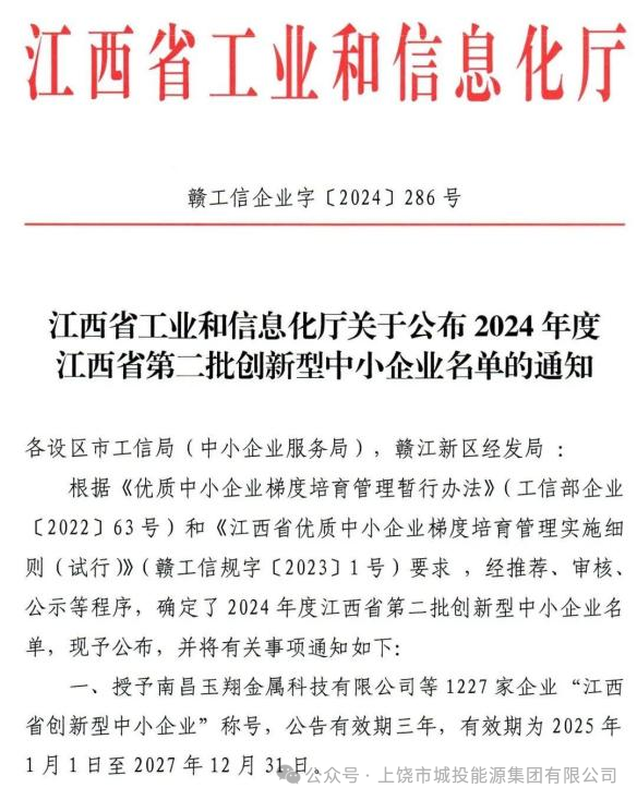 喜报！城投能源集团旗下子公司环？萍脊尽⒒繁＝ú墓救倩2024年度江西省第二批“立异型中小企业”称呼